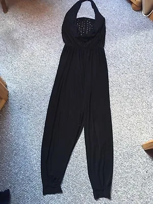 New Black Diamanté Jump Suit Halter Cowl Neck Disco Prom Party 8/10 Stretchy 70s • £9.99