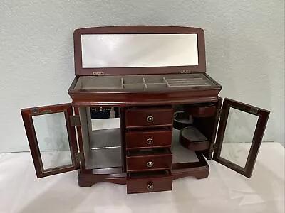 Dresser Top Jewelry Box Mirror Armoire Drawers Hooks Cherry Wood Etched Roses • $89.89