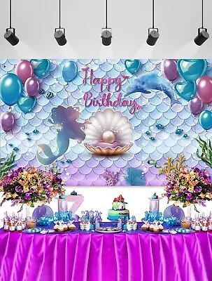 Mermaid Happy Birthday Backdrop Banner Background Birthday Party Decorations • $10.79