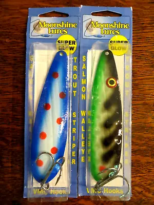 LOT OF 2 MOONSHINE LURES 5  MAGNUM SUPER GLOW SPOON - SALMON - TROUT - Lot 3 • $17.99
