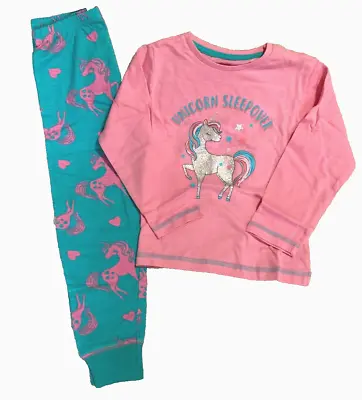 Girls Unicorn Pyjamas - Age 4/5 Years - Pink/blue & Silver Glitter • £3