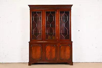 Baker Furniture Style Georgian Carved Flame Mahogany Breakfront Bookcase Cabinet • $3295