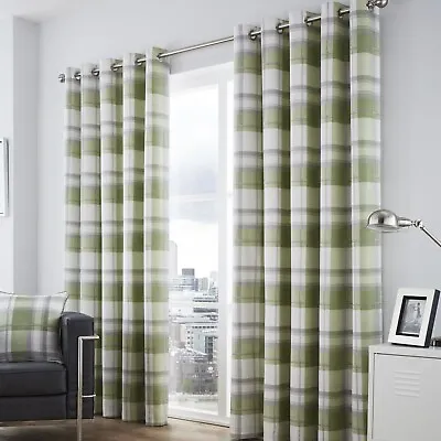 Check Green Lined Eyelet Ring Top Curtains 100% Cotton Balmoral • £29.99