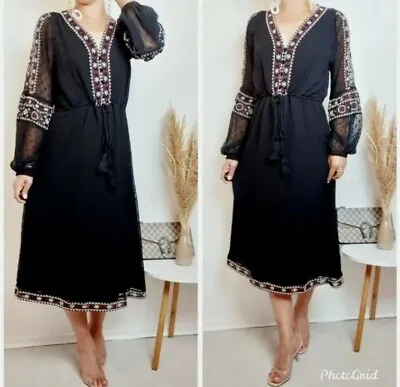 Zara Embroidered Dress Small S Black Swiss Dot Kaftan Boho Tunic Ethnic Midi  • $49.72