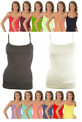 WOMENS LADIES PLAIN COLOURS 100% COTTON STRAPPY VEST TOP TANK SIZE 8 To 20 NEW • £3.29