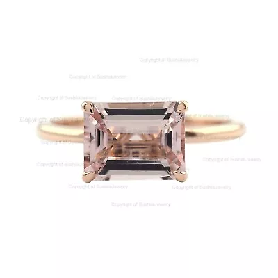 Solid 14K Rose Gold Genuine Baguette Peach Morganite Gemstone Solitaire Ring • $459