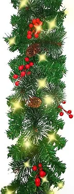 9FT Christmas Garland Decoration With 50 Warm Led Lights Pre-Lit Pine Cones Berr • $12.99
