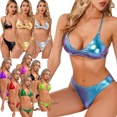 US Women 2 Piece Triangle Bikini Set Sexy Shiny Metallic Swimsuit Beach Swimwear • $9.57
