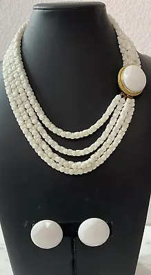 Vintage White Multi Strand Gold Tone Box Clasp Necklace With Clip On Earrings • $29.99