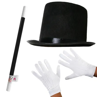 Adult Top Hat White Gloves And Wand Magician Fancy Dress Costume Set Magic Man • £8.99