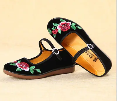 Women's Retro Chinese Floral Mary Jane Flats Work Mom's Buckle Dancing Shoes • $8.68