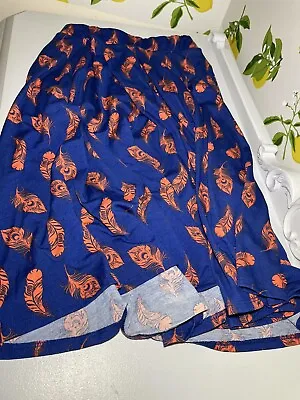 Lularoe Madison Pleated Small Blue With Orange Feathers Knee Skirt Sz XS • $10.24