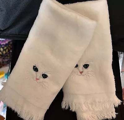 Vintage White Hand Towels With Embroidered Cats • $15