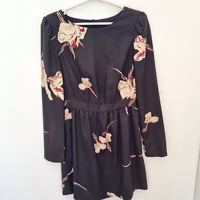 LADAKH Women's Short Dress In Black Long Sleeve Floral Size AU 8 Open Back • $15