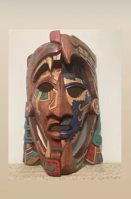 Hand Carved Wood Mayan Mask Warrior Pyramid Artwork Chichén Itza Jaguar Snake  • $250