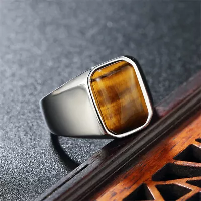 Man Real Stainless Steel Band Ring Solid Tiger's Eye Square Stone Ring Size 7-12 • $13.99