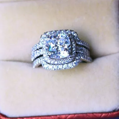 4.50Ct Cushion Lab Created Diamond 14k White Gold Plated Engagement Ring Set • $106.99
