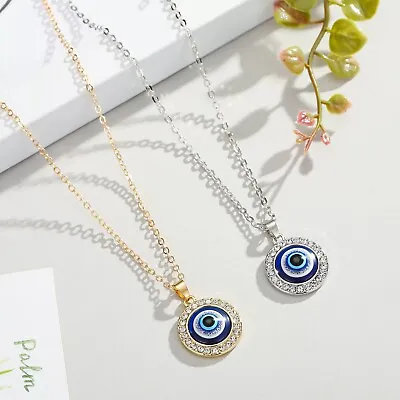 Stainless Steel Evil Eye Lucky Turkish Pendant Necklace Chain Gold Silver • £3.99