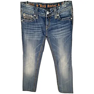 $34.99 • Buy ROCK REVIVAL ALANIS STRAIGHT JEANS Size 28 Embroidered Medium Wash