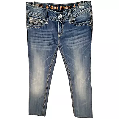 $34.99 • Buy ROCK REVIVAL ALANIS STRAIGHT JEANS Size 28 Embroidered Medium Wash