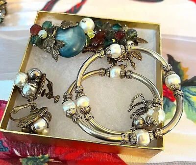 Miriam Haskell Signed Set Earrings Brooch Bracelet Baroque Pearl Crystal Brass • $175