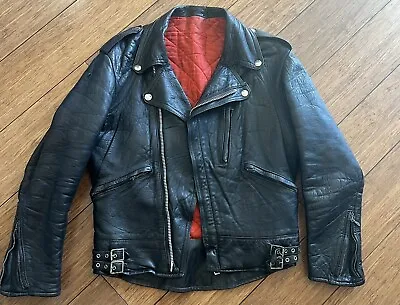 Vintage Black Leather Biker Jacket Mascot Black Night Size 36-38 • $400