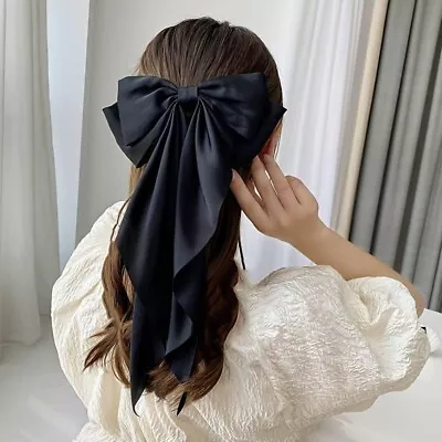 1pc Girls Large Long Oversized Black Silk Bow Knot Hair Clip School Party Gift • £3.89