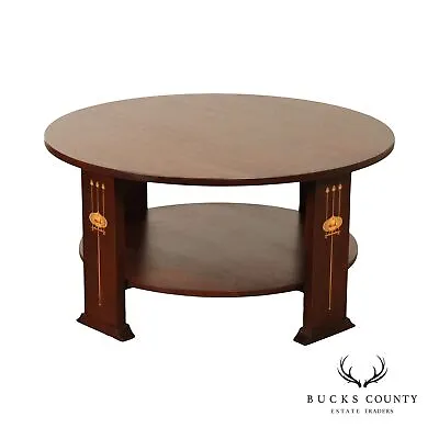 Stickley Mission Collection Oak Harvey Ellis Inlaid Round Cocktail Table • $2395