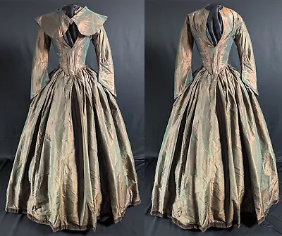 Lustrous Victorian Antique Fashion 1840s Two Tone Silk Dress With Pelerine • £550