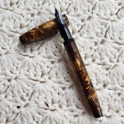 Vtg Wahl Oxford Fountain Pen Silver Trim B Firm Med Nib Lever Fill Brown Marbled • $49.97