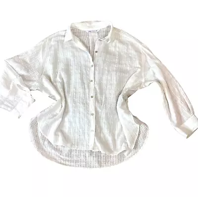 Zara White Plaid-Textured Button Up Shirt Women's Sz XL #270F • $34