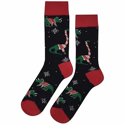 NWT Dino Christmas Sweater Dress Socks Novelty Men 8-12 Black Crazy Fun Sockfly • $8.99