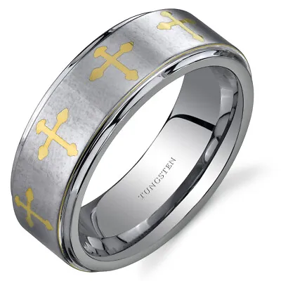 Cross Motif 8 Mm Comfort Fit Mens Silver Tone Tungsten Ring Sizes 8 To 13 • $29.99