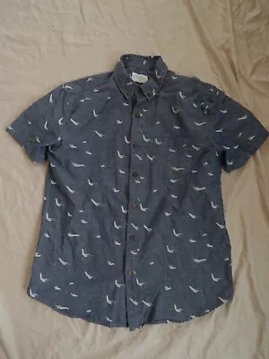 Men's VANISHING ELEPHANT Sz Medium Chambray Cotton Short Sleeve Patterned Shirt • $28.95