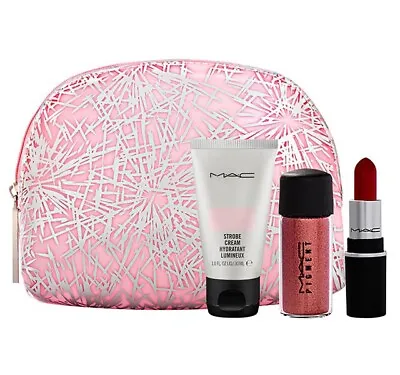 MAC Makeup Gift Set With Russian Red Lipstick Rose Pigment Strobe Cream & Bag • $28.50