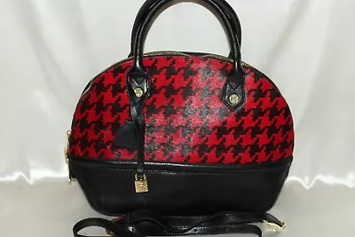 $71.96 • Buy EMMA FOX Red Black Houndstooth Calf Hair Leather Dome Satchel Xbody Bag