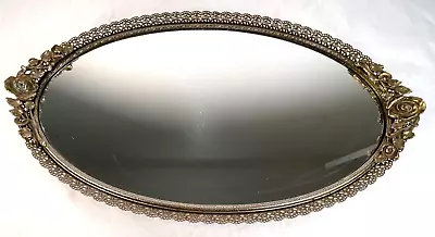 Vintage Brass Oval Vanity Dresser Mirror Tray Gold Floral Filigree Matson Roses • $45