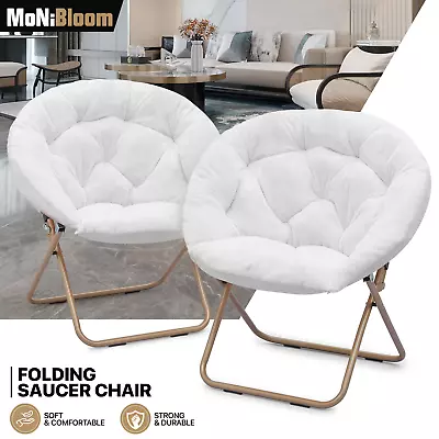 White 2 Pcs Folding Saucer Chair Oversized Faux Fur Round Cozy Moon Lounge Seat • $103.99