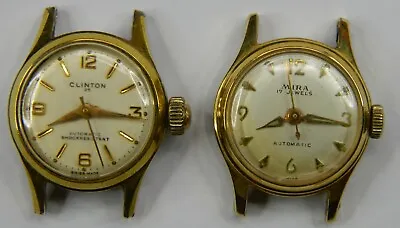 2 Vintage Mira 17j Clinton 25j Automatic Gold Plated Ladies Watch Lot - Both Run • $35