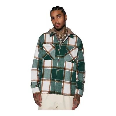 Stacking Hooded Flannel Shacket Jacket Green Combo Men's Size Medium • $32.94