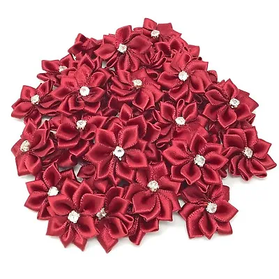 £2.99 • Buy Dark Red Satin Ribbon Flowers With Rhinestone Diamante Centre, 25mm Craft Flower