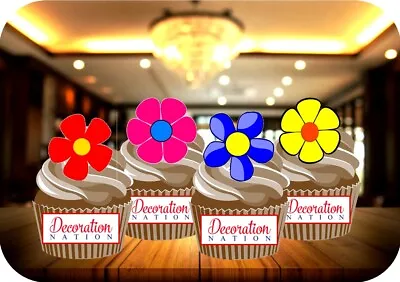 Bright Hippy Flower Mix - 12 PREMIUM STAND UP Edible Cake Toppers Spring Fun 80s • £3.49