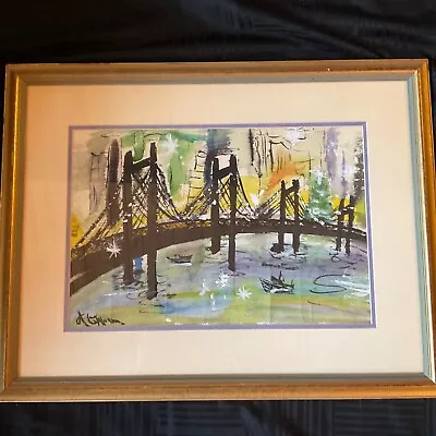 Vintage 70s Abstract Landscape Watercolor Painting Signed City Bridge • $287