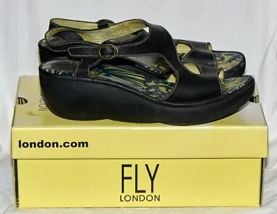 £14.99 • Buy FLY LONDON BIANCA Wedge Sling Backs Black Leather Shoes/Sandals Size 41 (7/7.5?)