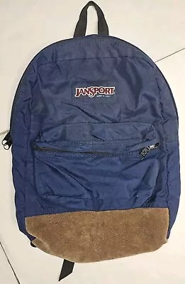 Vintage Jansport Backpack Navy Blue Suede Leather Bottom  Made In USA School 90s • $30