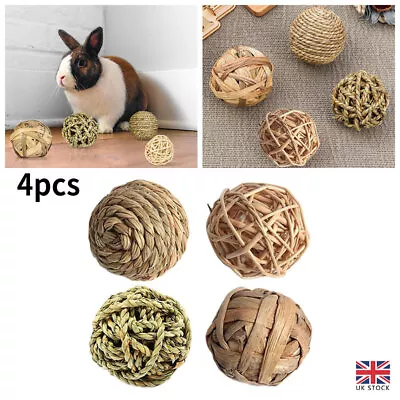 4X Small Pet Rabbit Cleaning Toys Rattan Woven Bunny Straw Chewing Biting Ball • £8.31