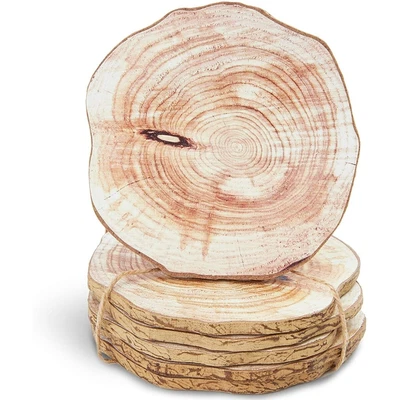 $10 • Buy 6pcs 3.9  Round Wood Natural Coaster Set With Rope For Drinks Cups & Home Decor