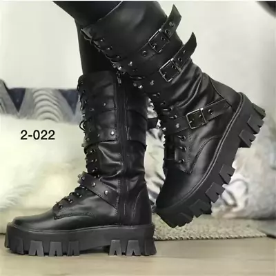 Fashion Lace-up Zipper Mid Calf Boots Belt Buckle Platform Boots • $50.99