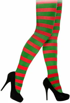 £2.99 • Buy Adult Red & Green Striped Elf Tights Christmas Fancy Dress Womens Mens Costume