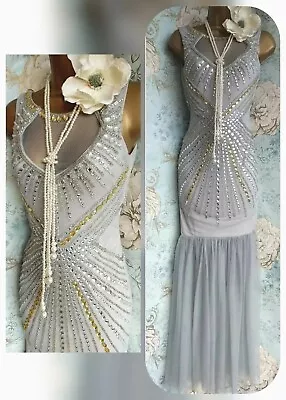 Miss Selfridge Grey Beaded Lace 20s Deco Wedding Evening Occasion Prom Dress 6 8 • £59